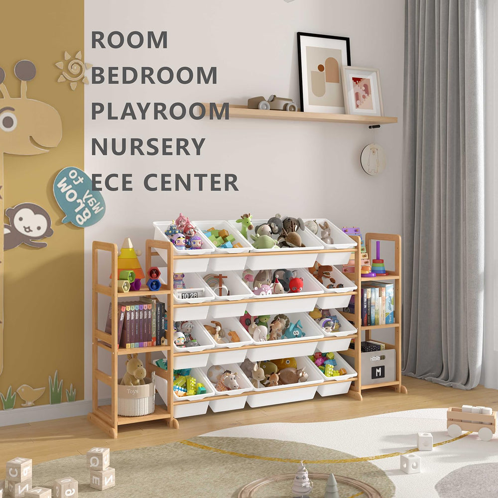 Etitlly multi-bin storage system keeps toys, books, and clothing neatly stored.