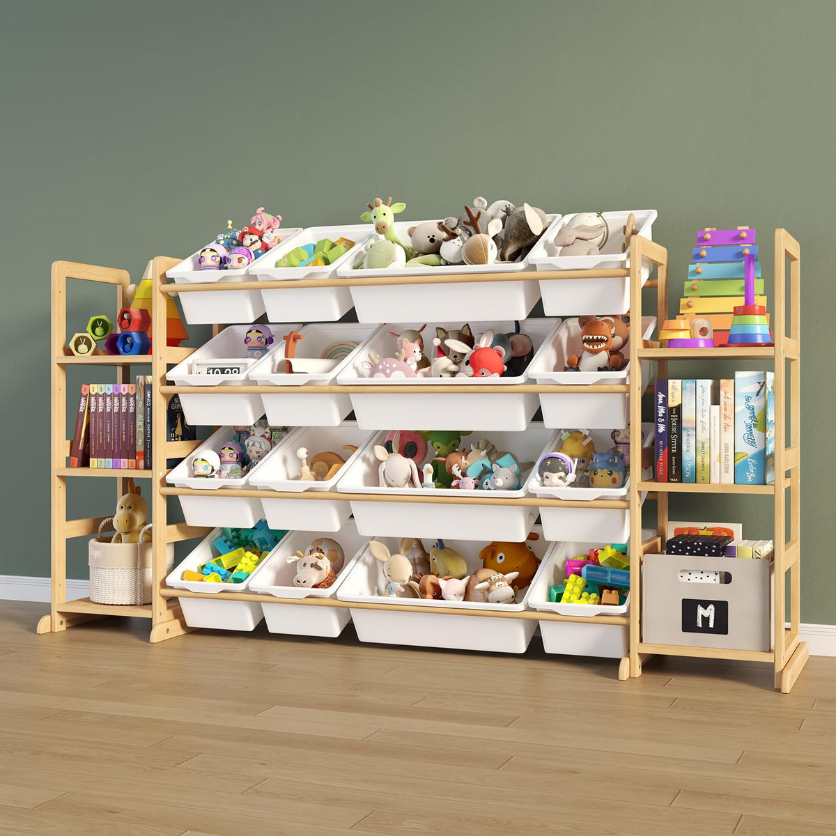 Etitlly toy storage organizer with 16 bins and 6 shelves keeps play area tidy.