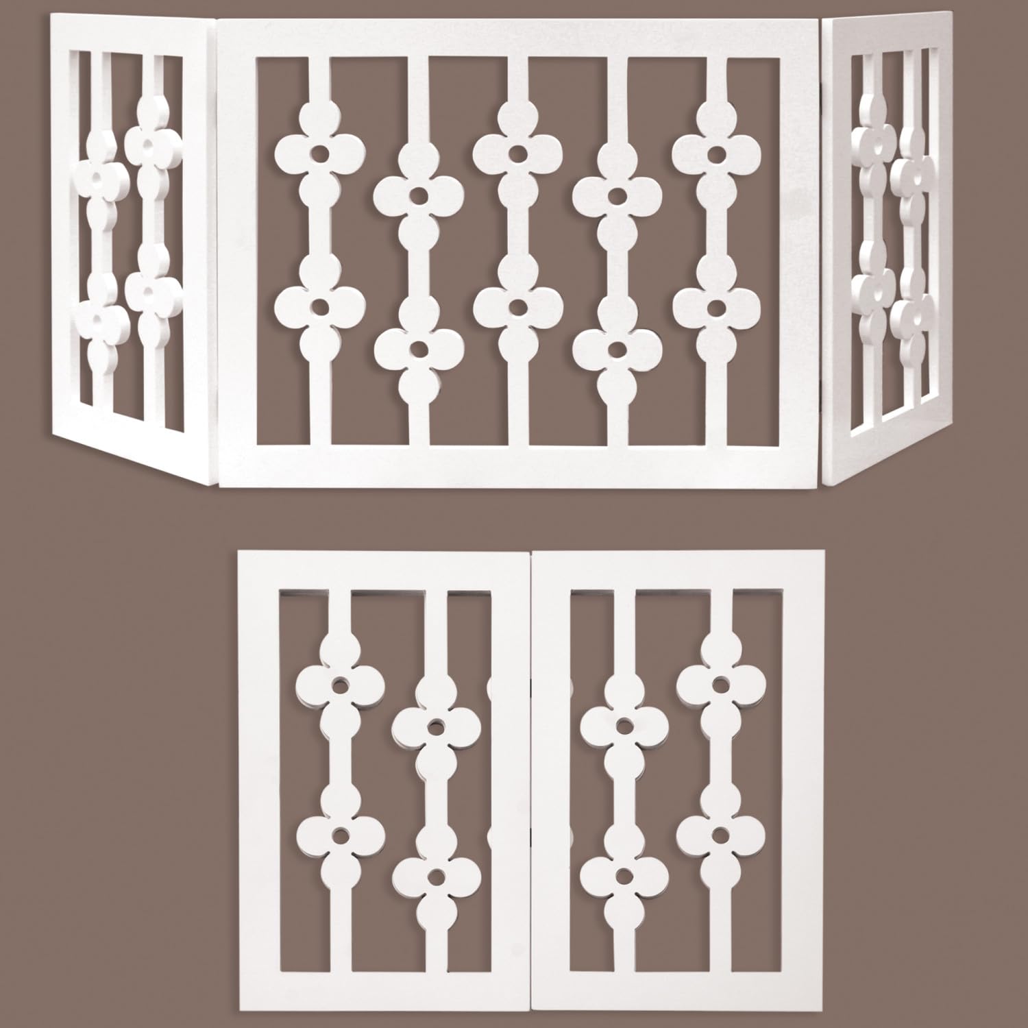 Etna White Floral Wooden Pet Gate extended to fit large openings