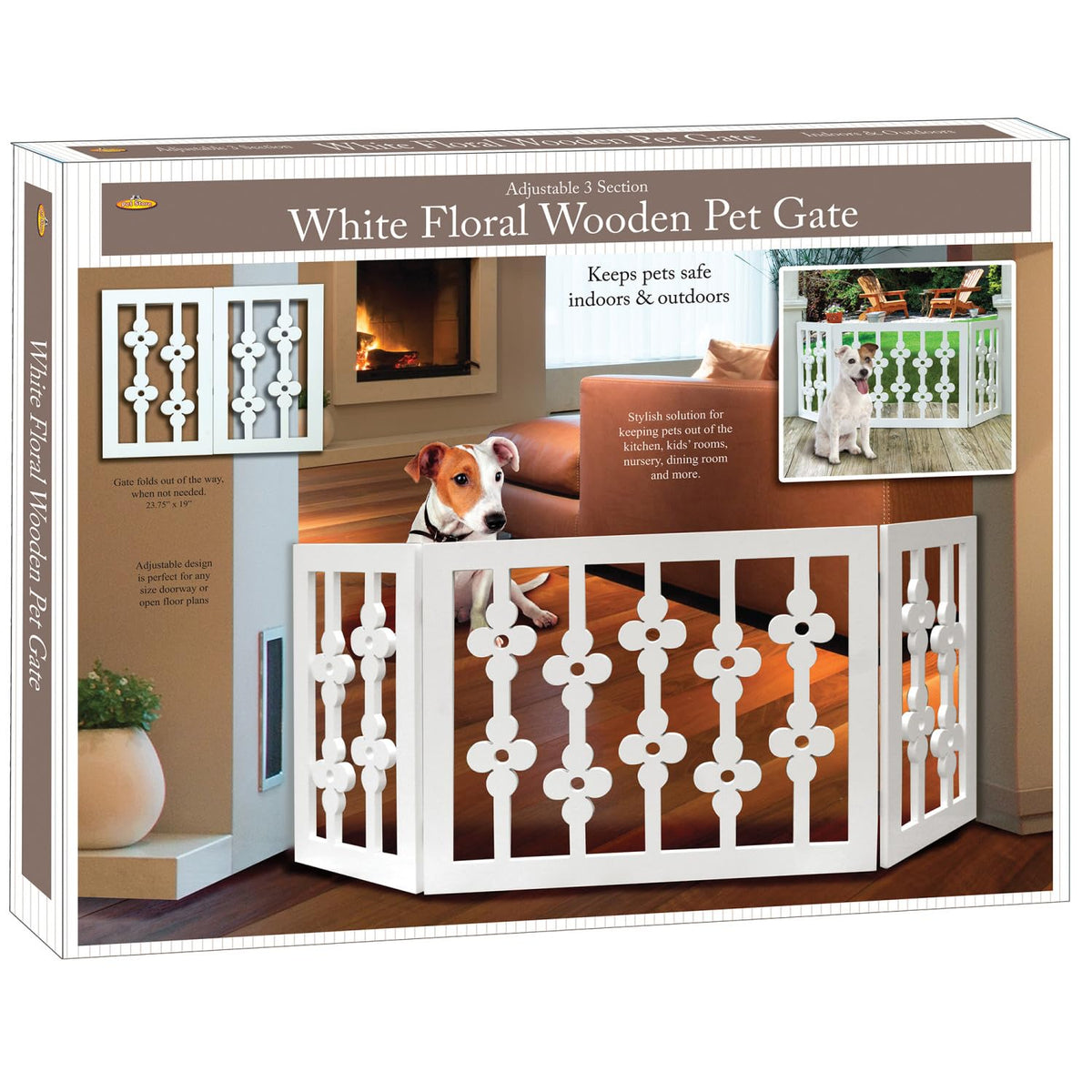 Etna White Floral Wooden Pet Gate fully assembled for immediate use