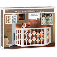 Etna White Floral Wooden Pet Gate fully assembled for immediate use