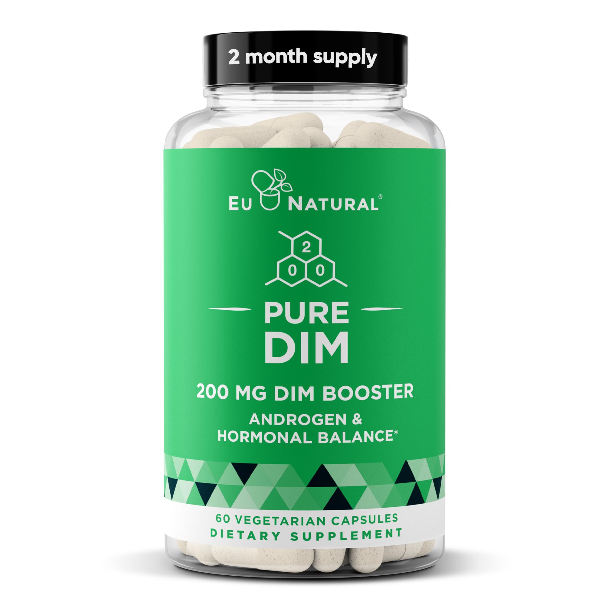 Eu Natural DIM supplement bottle label highlights 200 mg for hormone balance