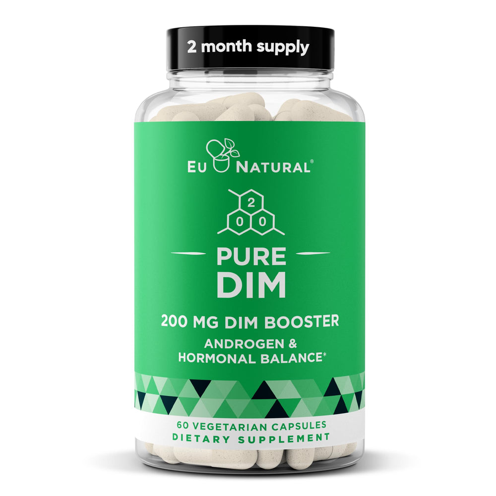 Eu Natural DIM supplement bottle label highlights 200 mg for hormone balance