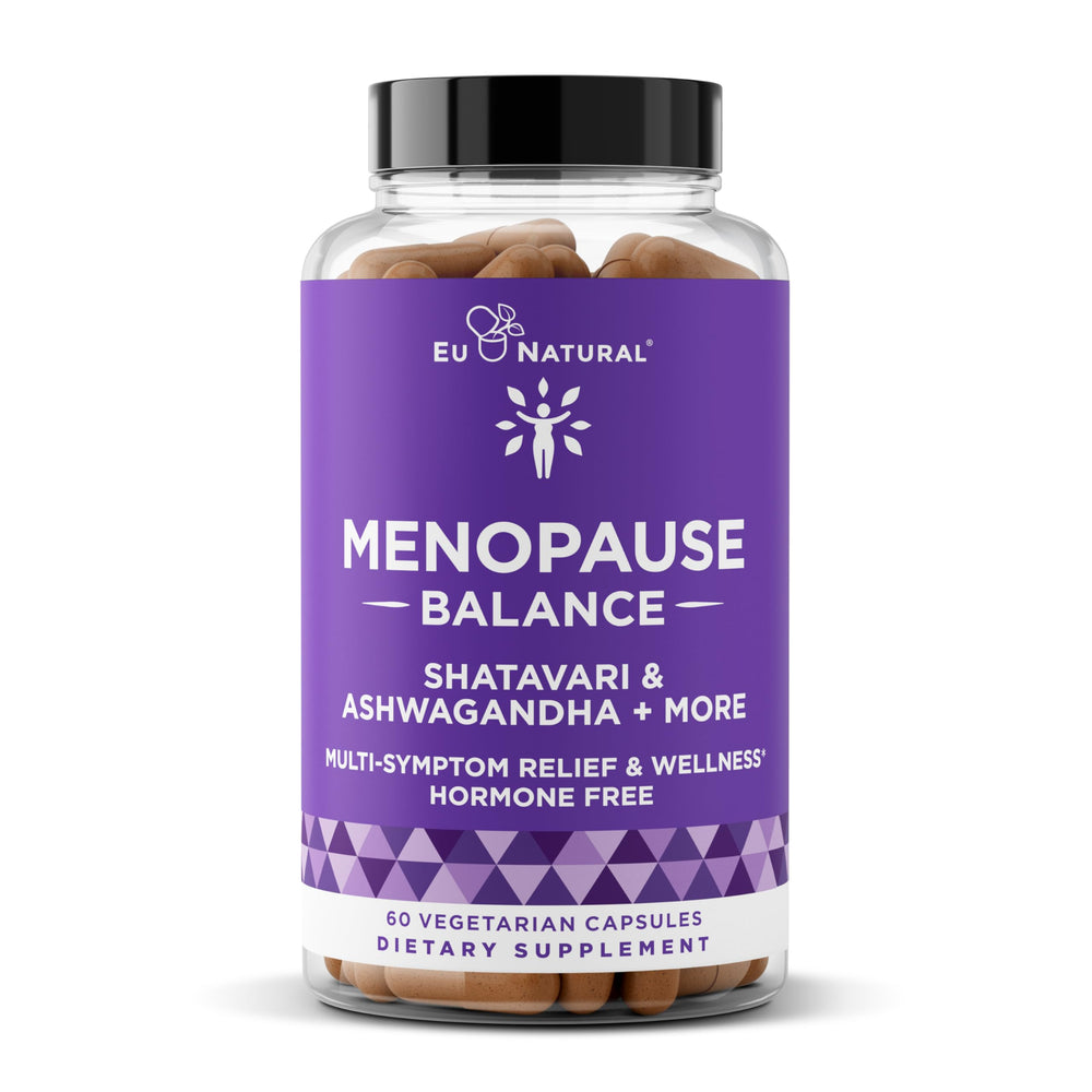 Eu Natural Menopause Balance bottle shown for daily multi-symptom support