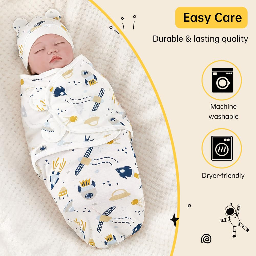 EUBUY infant swaddled on bed demonstrates easy dressing and soothing wrap.