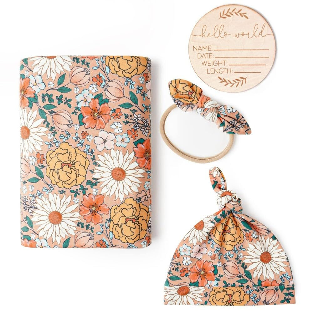 EUBUY swaddle set packaging with wooden birth card for recording details.