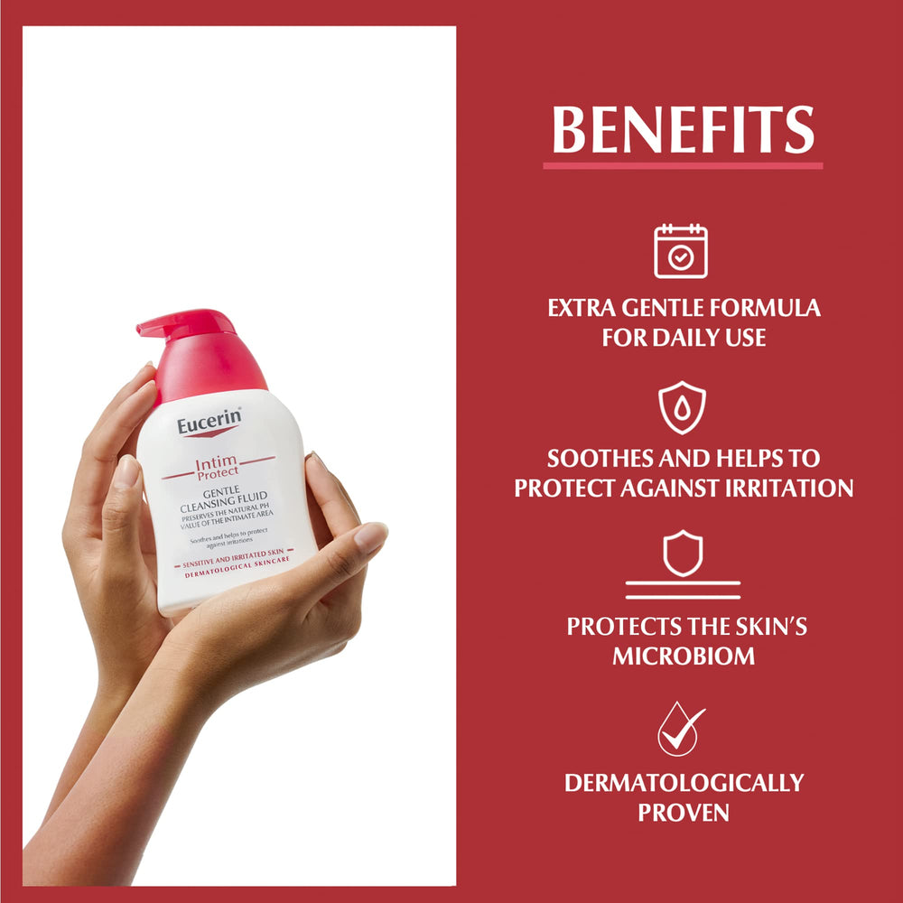 Eucerin Intim-Protect bottle back label highlights fragrance-free, pH-balanced formula