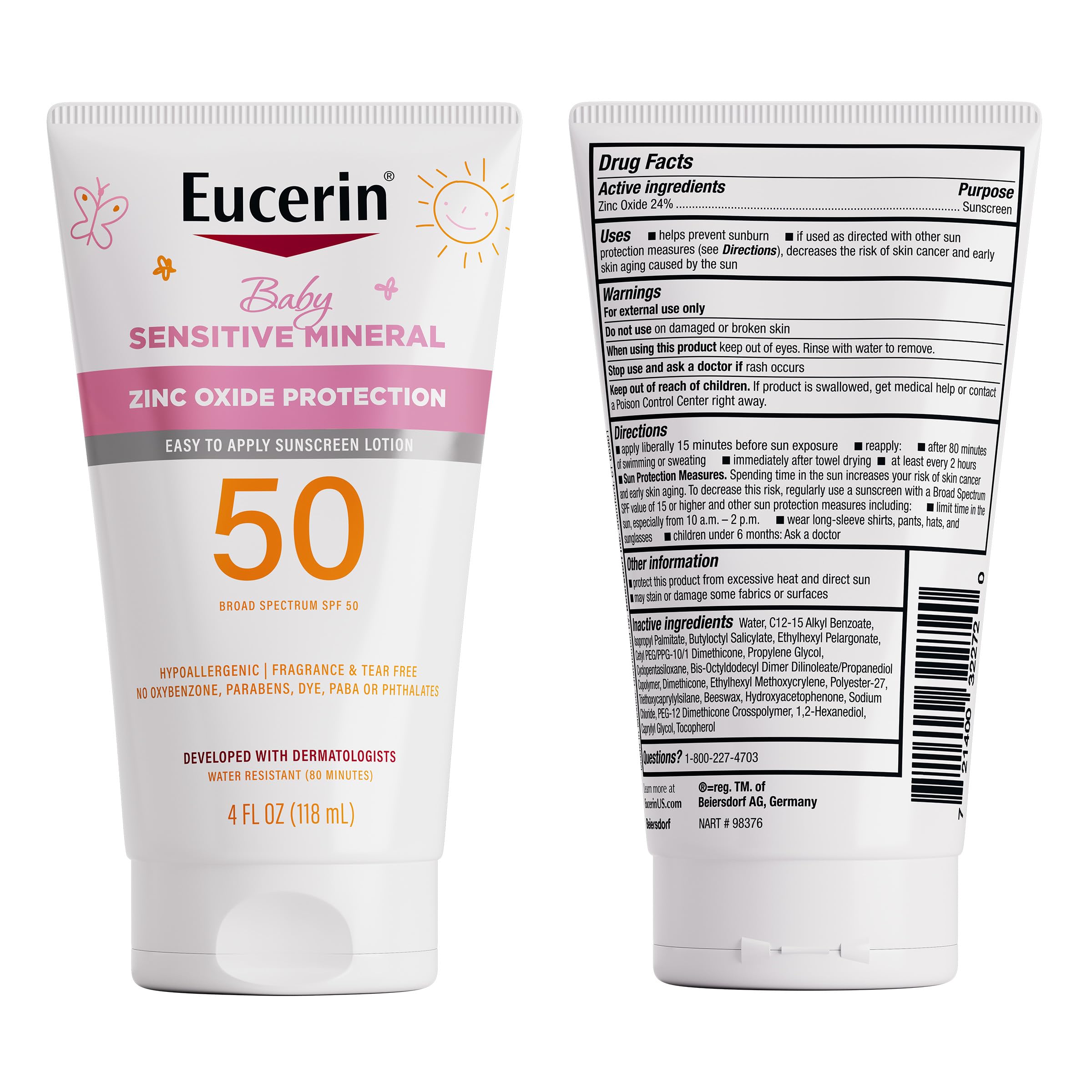 Fragrance-free Eucerin Sun Sensitive Mineral Baby Sunscreen SPF 50 tube for sensitive skin