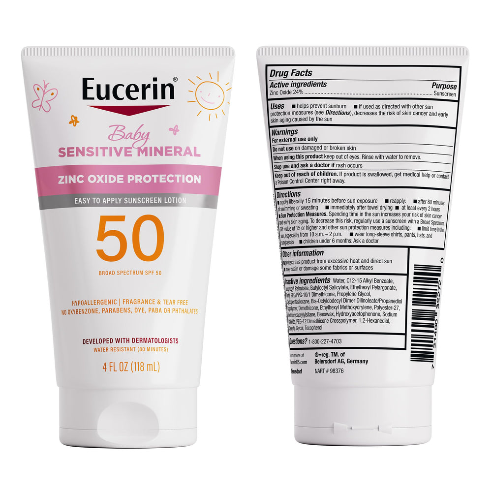Fragrance-free Eucerin Sun Sensitive Mineral Baby Sunscreen SPF 50 tube for sensitive skin