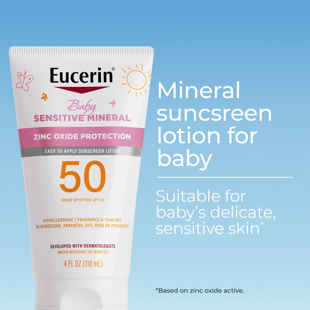 Close-up of Eucerin Sun Sensitive Mineral Baby Sunscreen SPF 50 cap highlights easy handling