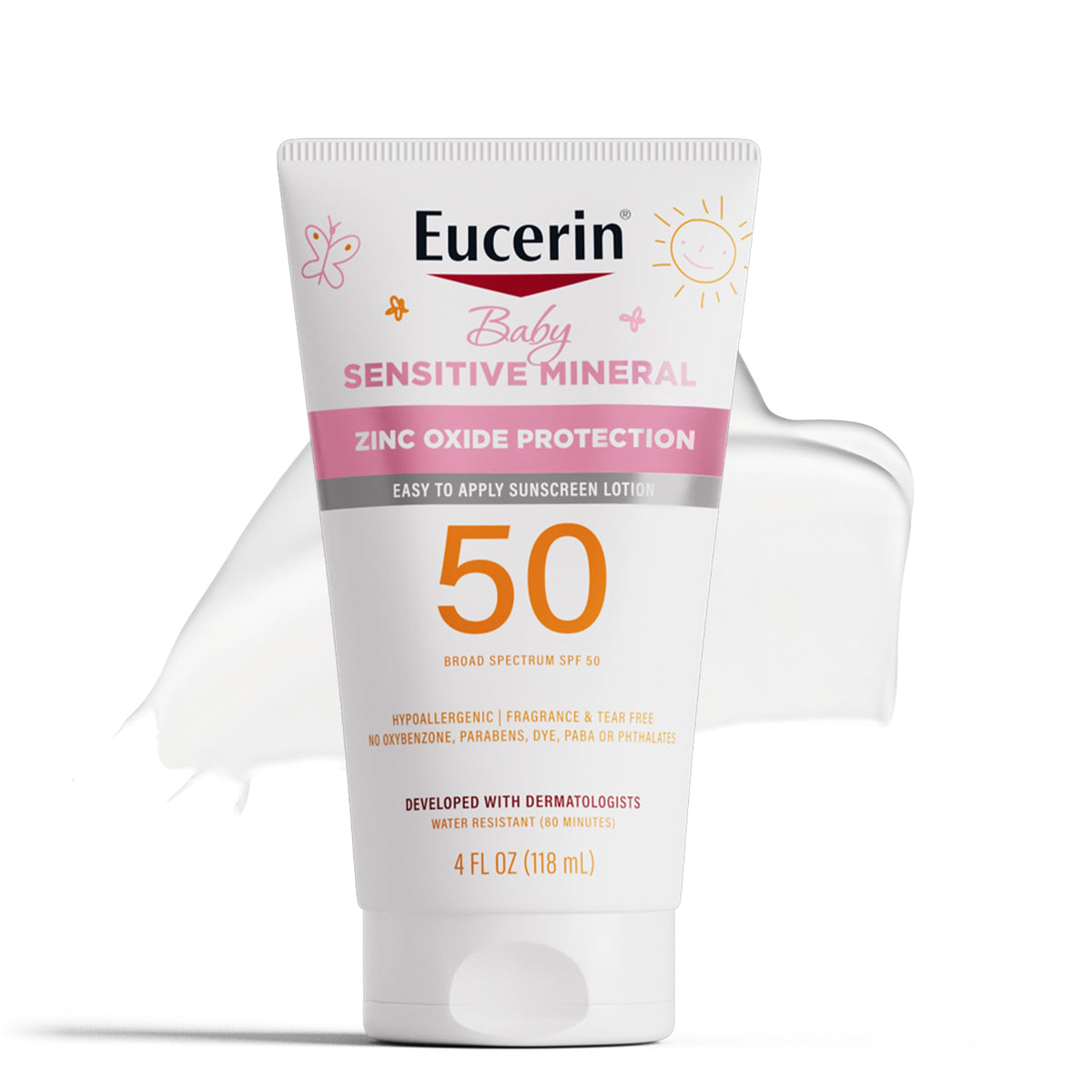 Eucerin Sun Sensitive Mineral Baby Sunscreen SPF 50 tube front shown for gentle protection of baby's delicate skin