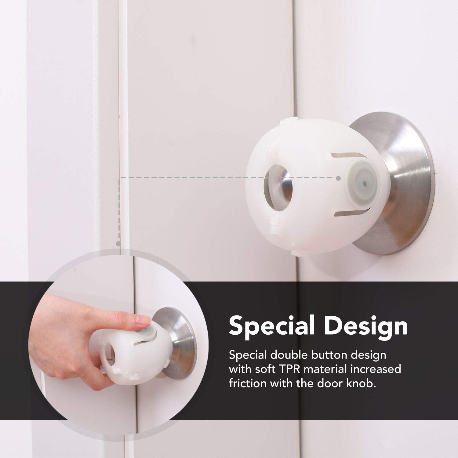 EUDEMON double-button design helps adults operate knobs easily while keeping kids safe.