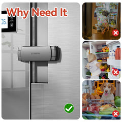 EUDEMON fridge lock installation steps illustrate no-drill setup with tape for easy use