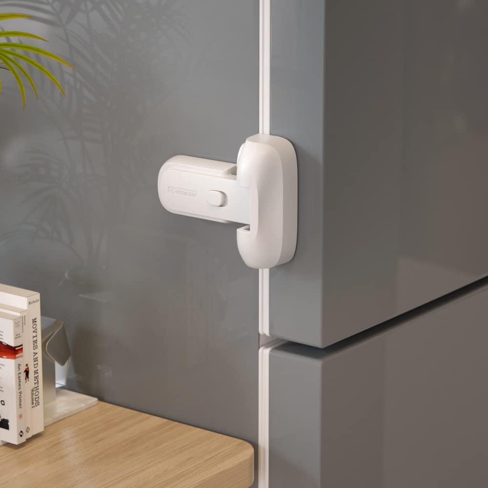 EUDEMON fridge lock with two-button safety prevents toddler pinching
