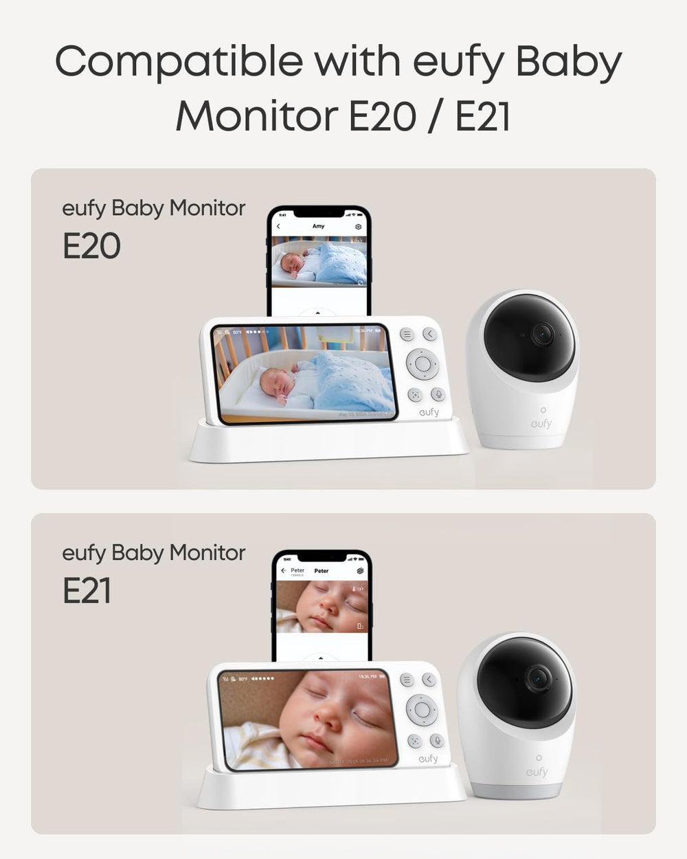 eufy Security baby monitor charging base on nightstand saves space and clutter.