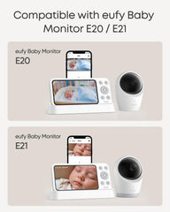 eufy Security baby monitor charging base on nightstand saves space and clutter.