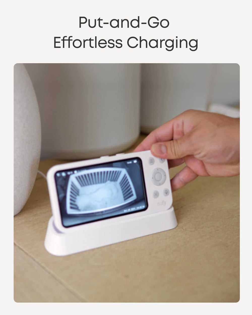 eufy Security baby monitor charging base side view highlights stable docking and non-slip bottom.