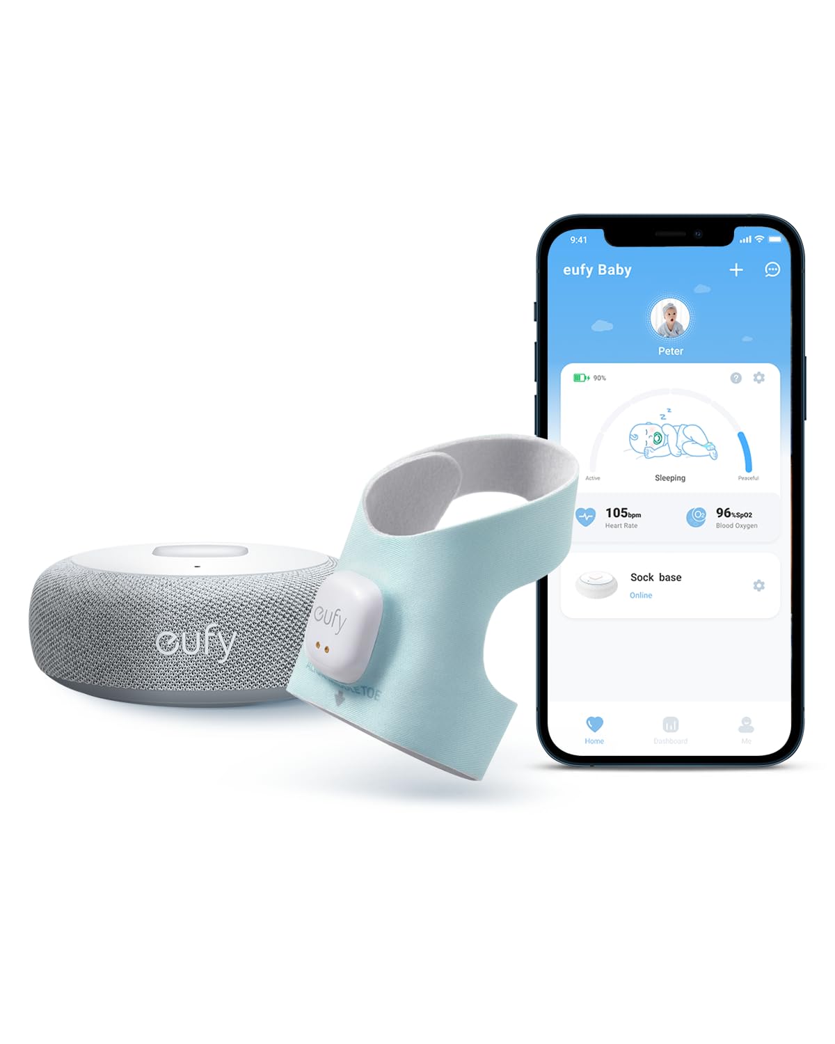 eufy Security Baby Monitor Smart Sock worn on baby's foot for continuous vital tracking