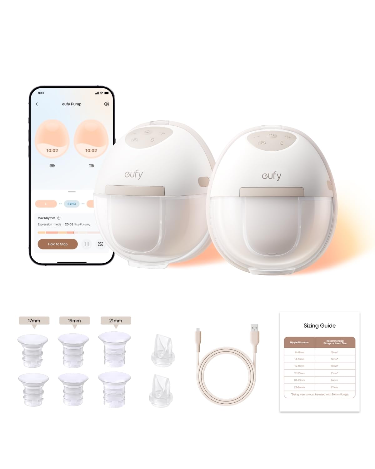 eufy Security E20 heated breast pump front view supports hands-free pumping.