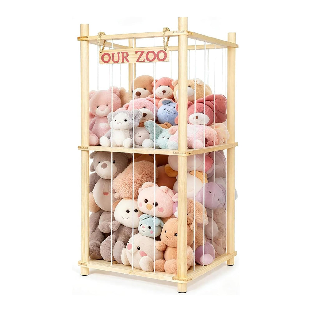 EULXSUD stuffed animal storage in tall pine wood keeps toys organized and visible.