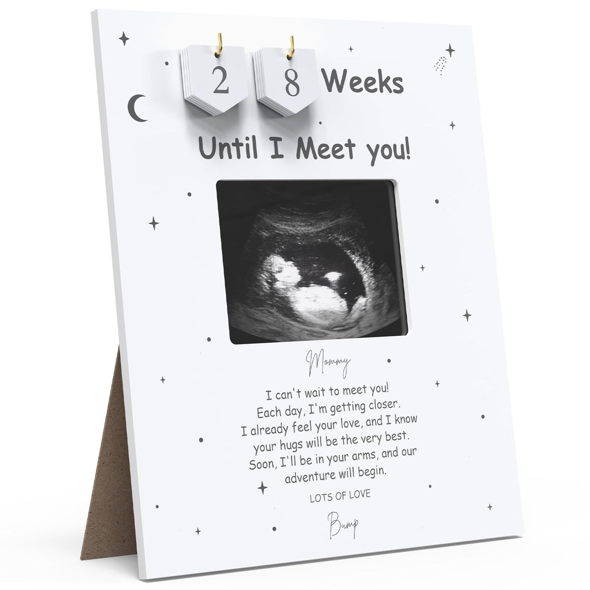 EURSET Sonogram Frame Countdown Weeks displayed on mantel for pregnancy milestones