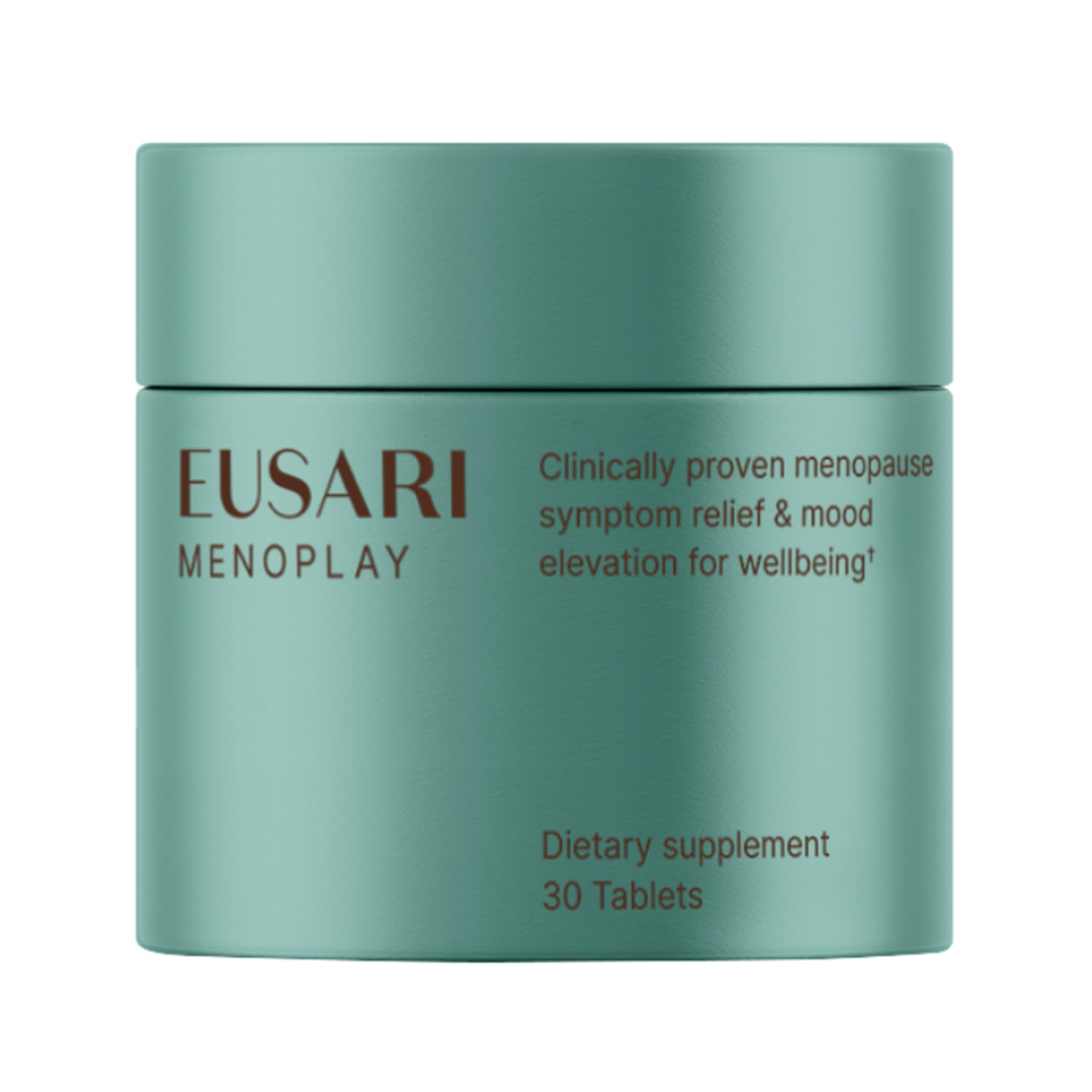 Eusari Menoplay bottle closeup emphasizes natural menopause relief formula.