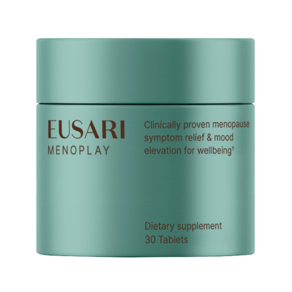 Eusari Menoplay bottle closeup emphasizes natural menopause relief formula.