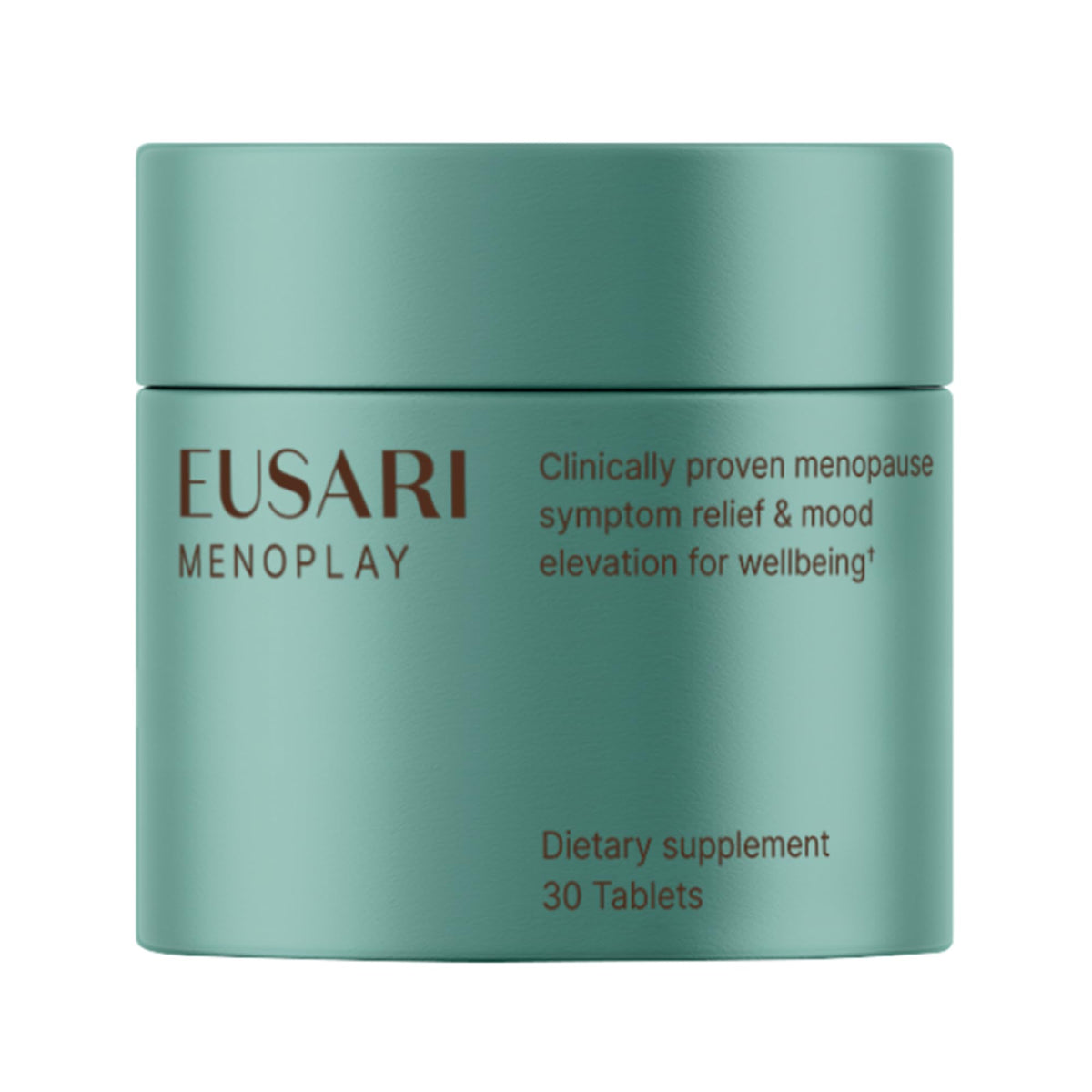 Eusari Menoplay bottle closeup emphasizes natural menopause relief formula.