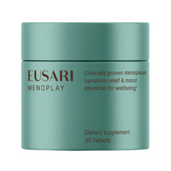 Eusari Menoplay bottle closeup emphasizes natural menopause relief formula.