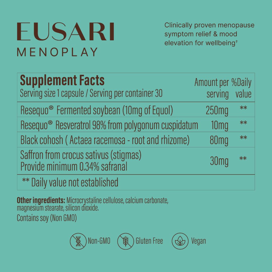 Eusari Menoplay saffron threads highlight key natural ingredients.
