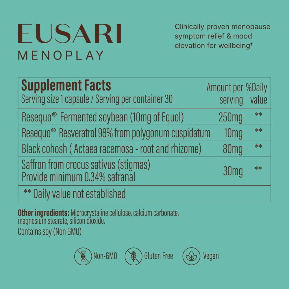 Eusari Menoplay saffron threads highlight key natural ingredients.