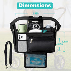 Eutopic stroller organizer with adjustable shoulder strap for hands-free use.