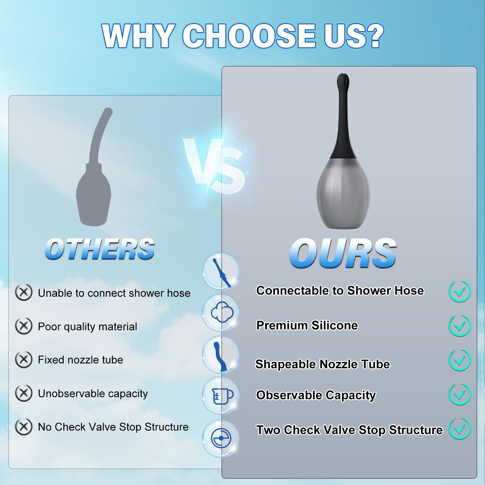 Euwvdy enema features water purification valve for cleaner water.