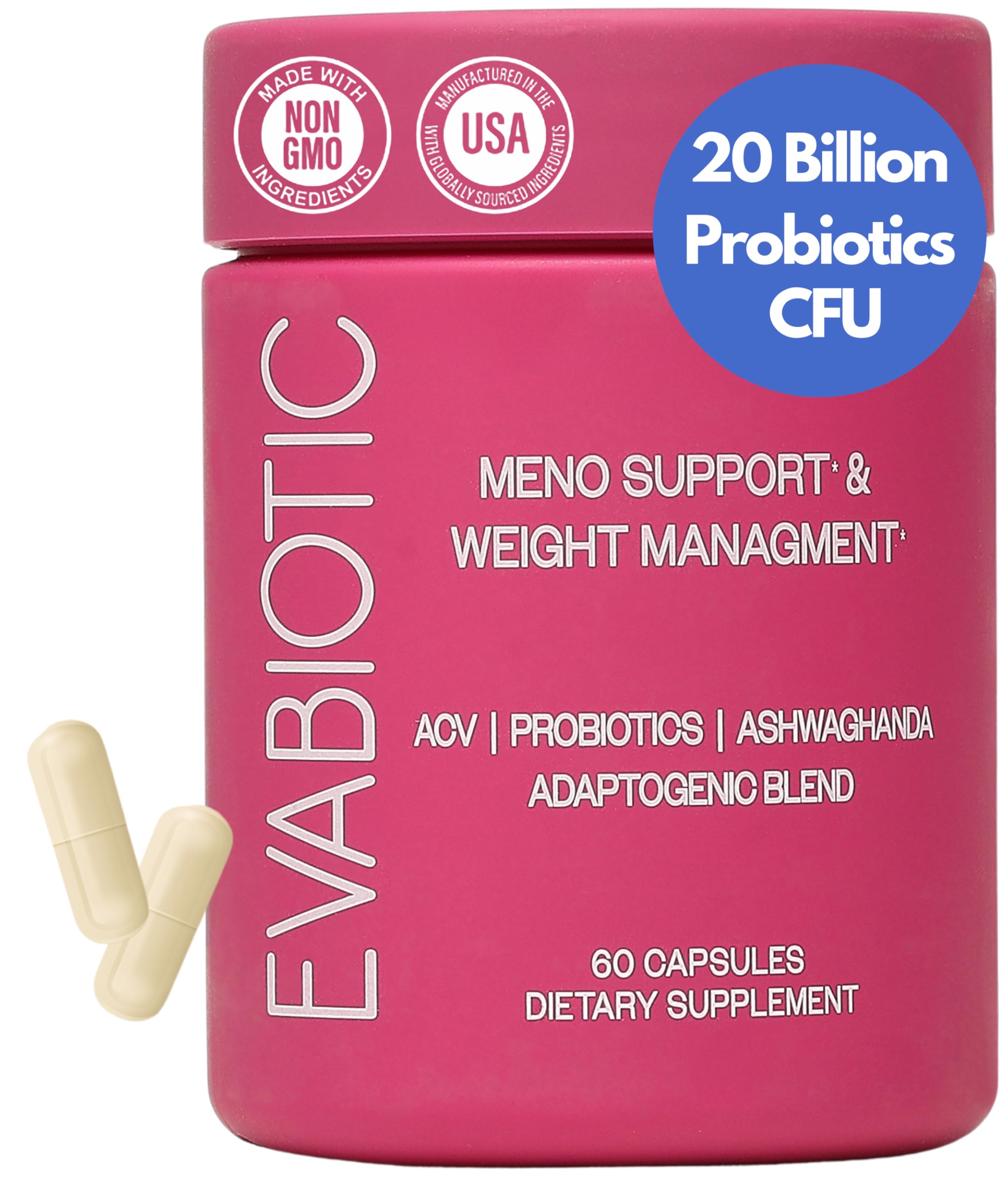 EVABIOTIC Complete Menopause with Ashwagandha bottle supports stress relief and mood balance.