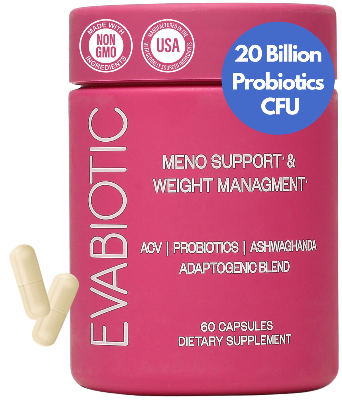 EVABIOTIC Complete Menopause with Ashwagandha bottle supports stress relief and mood balance.