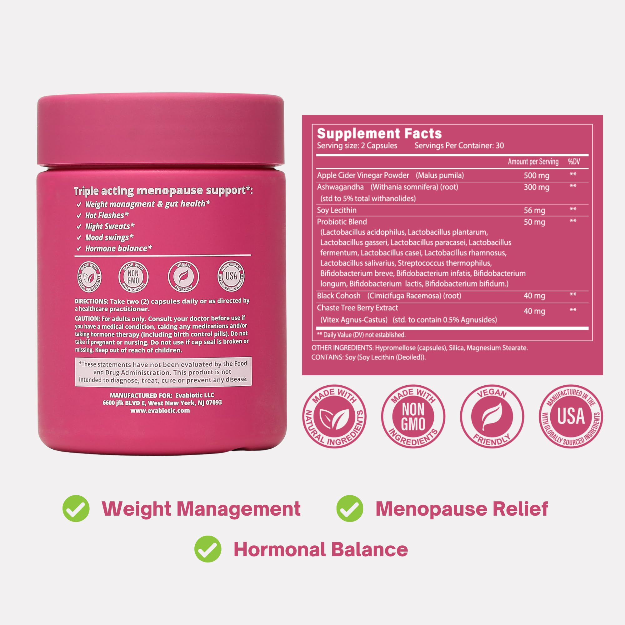 EVABIOTIC Complete Menopause bloat bottle aids digestive comfort.