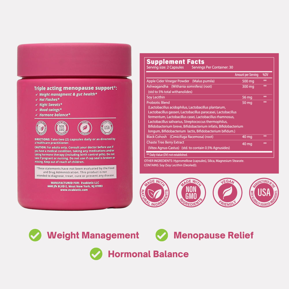 EVABIOTIC Complete Menopause bloat bottle aids digestive comfort.