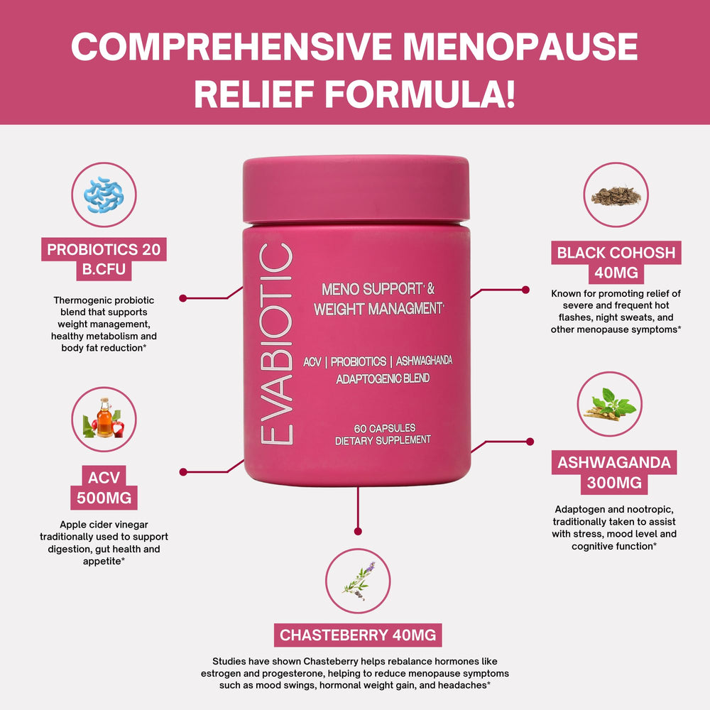 EVABIOTIC Complete Menopause hormone balance bottle supports mood stability.