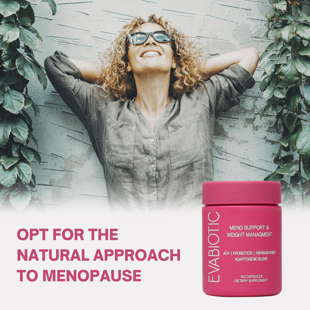 EVABIOTIC Complete Menopause probiotics bottle supports digestion and gut comfort.