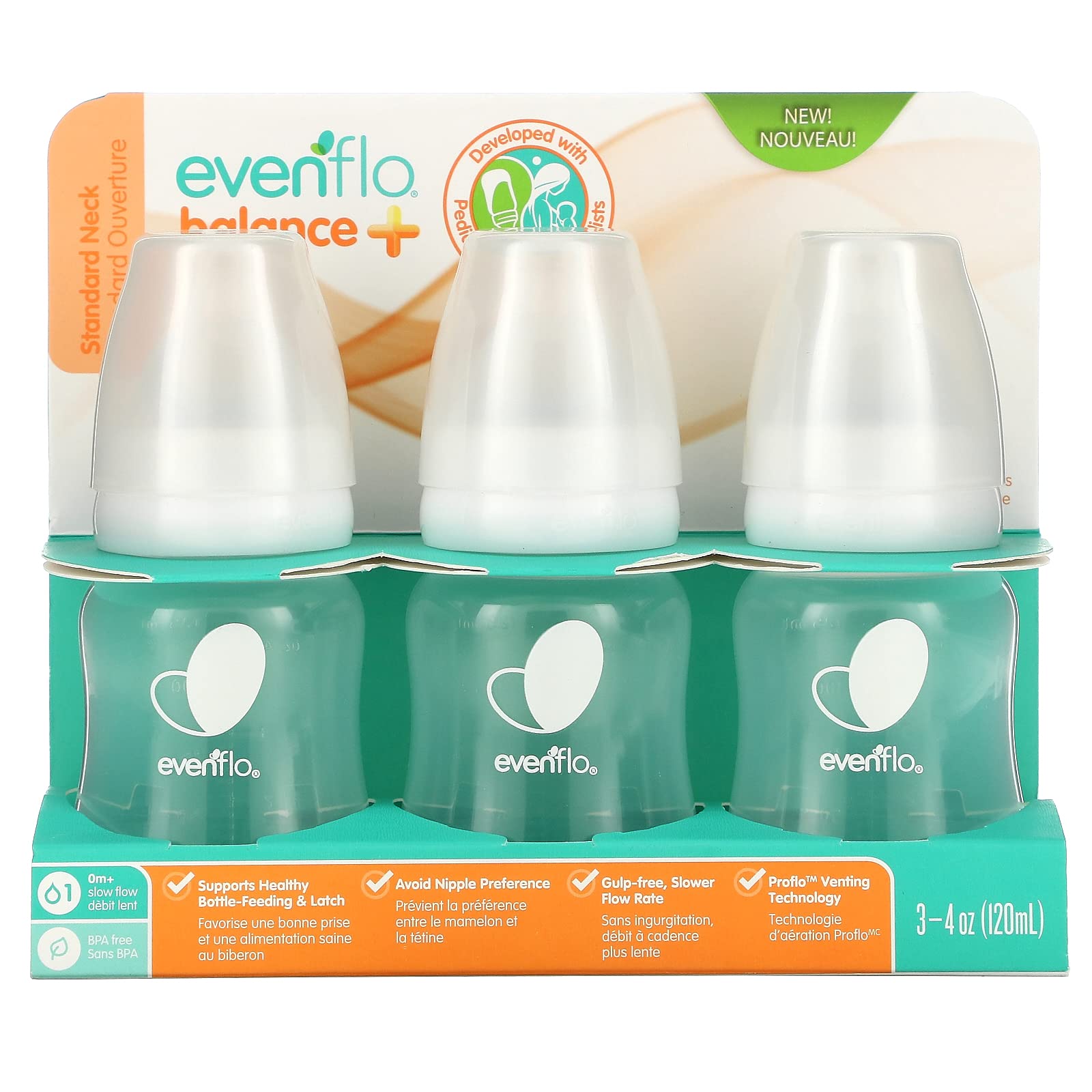 Evenflo Balance+ bottle with standard neck showing precise measurements for easy feeding planning