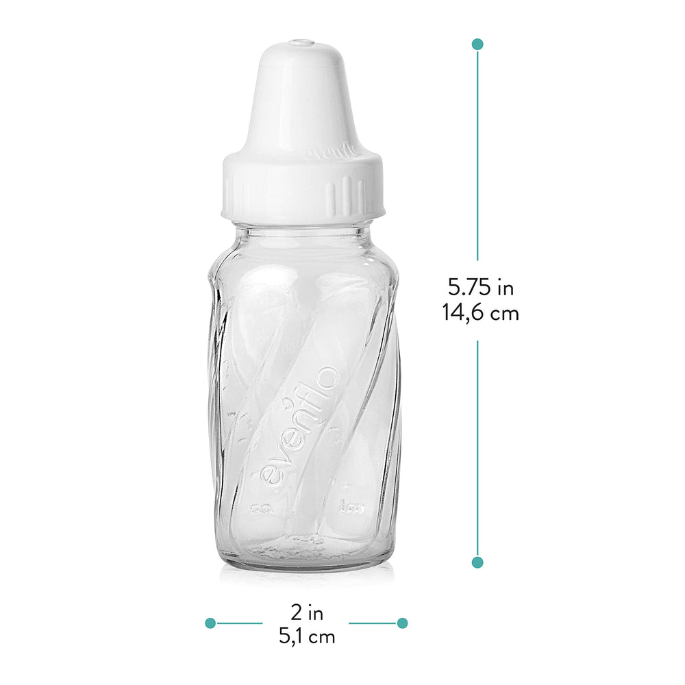 BPA-free Evenflo glass bottle promotes safer feeding with no polycarbonate plastics.