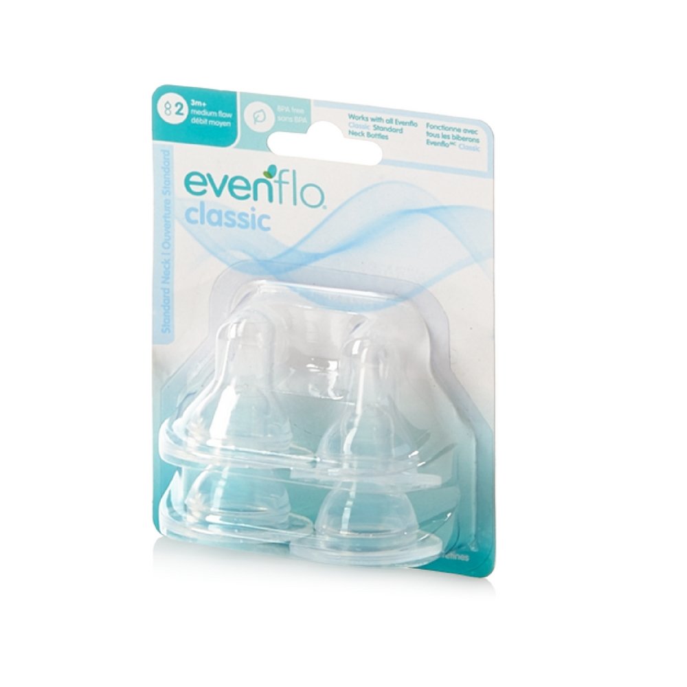 Evenflo CustomFlow nipple in medium flow for 3-6 months with micro air vents for smoother feeding.