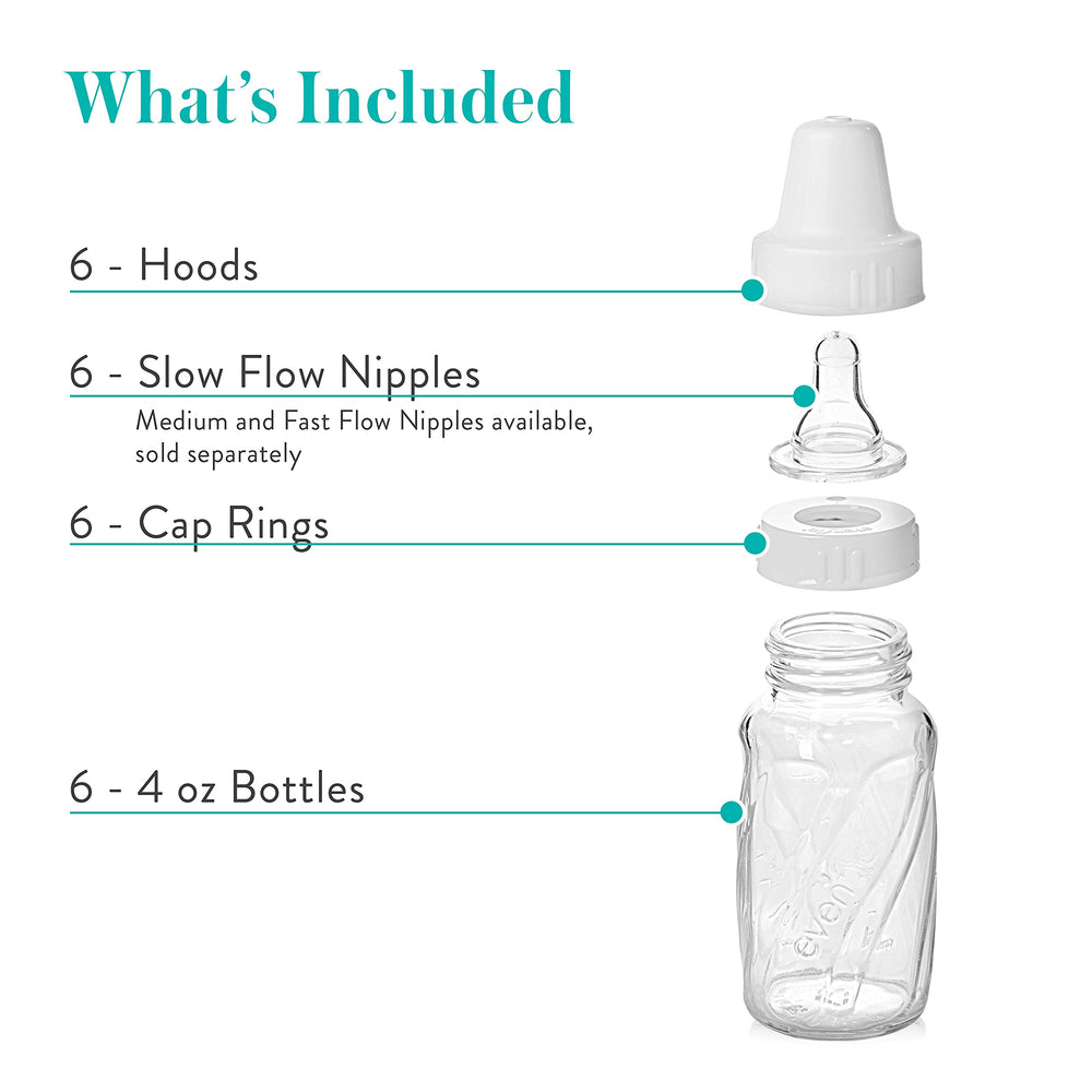 Clear measurement markers on Evenflo glass bottle for precise portions.