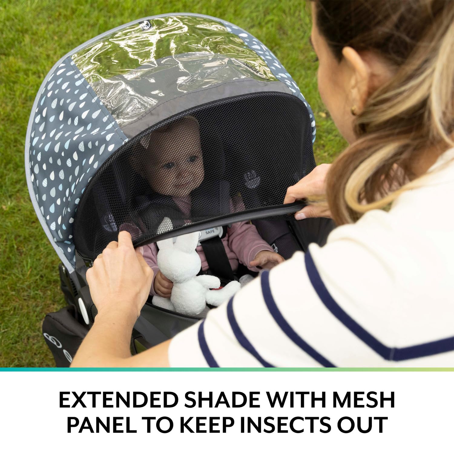 Extended shade with mesh blocks sun and insects while you stroll