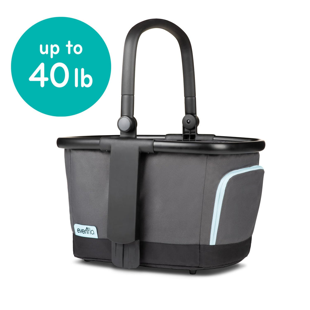 Evenflo Stroller Market Basket Gray Sky holds up to 40 lb for groceries.