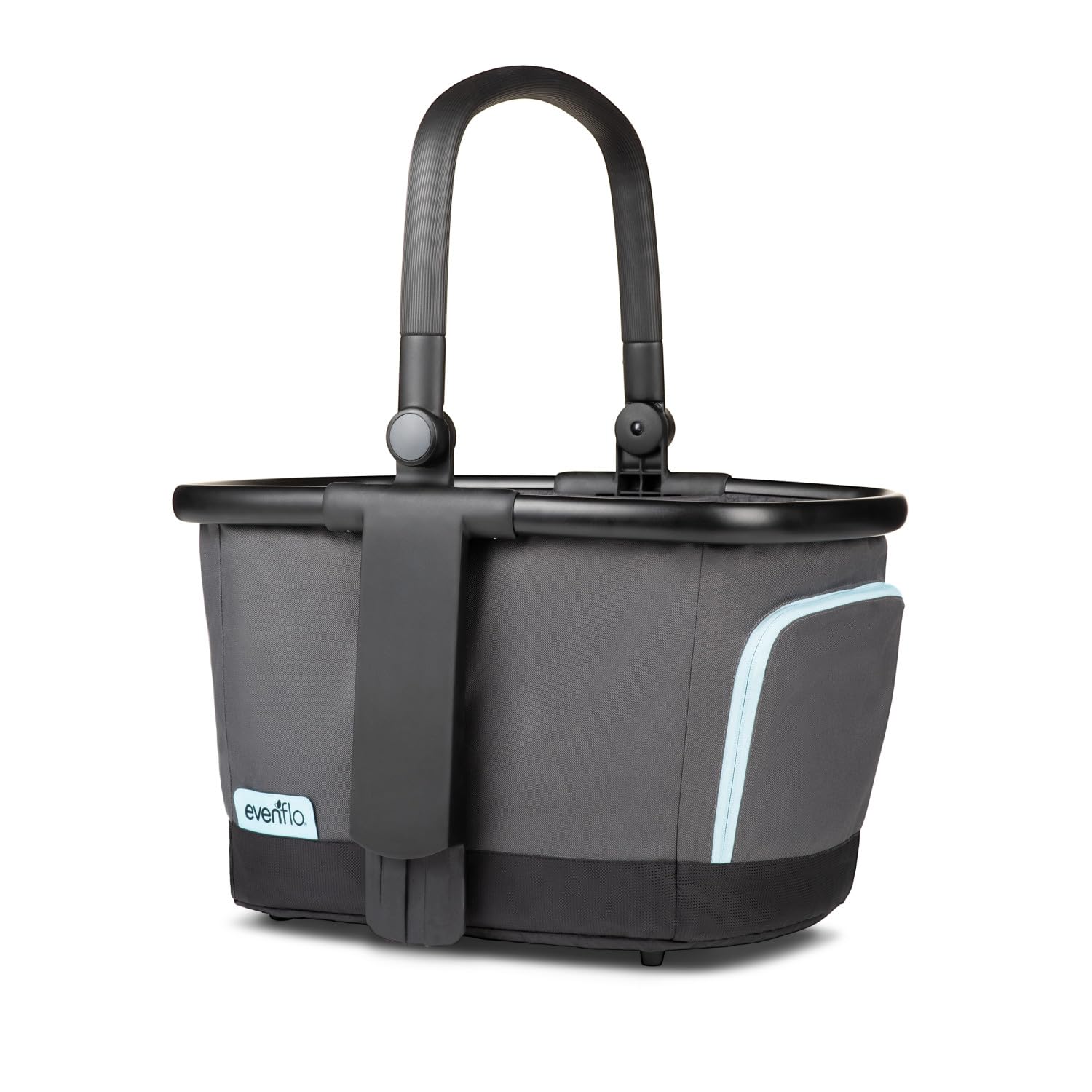 Evenflo Stroller Market Basket Gray Sky attached to Pivot Xpand top tower for hands-free shopping.