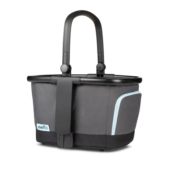 Evenflo Stroller Market Basket Gray Sky attached to Pivot Xpand top tower for hands-free shopping.