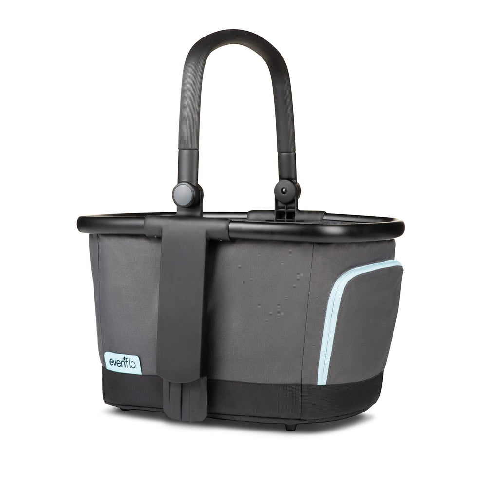 Evenflo Stroller Market Basket Gray Sky attached to Pivot Xpand top tower for hands-free shopping.