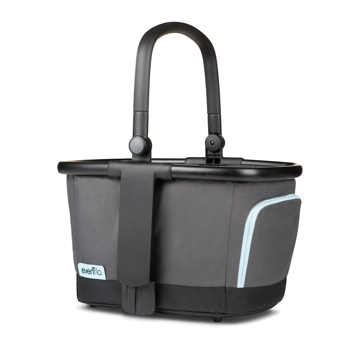 Evenflo Stroller Market Basket Gray Sky attached to Pivot Xpand top tower for hands-free shopping.