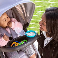 Evenflo Stroller Tray attaches easily to stroller frame